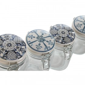 Set di 4 Barattoli Home ESPRIT Azzurro Bianco Metallo Silicone Cristallo Gres 800 ml 1 L 1,5 L 2,2 L 4 Pezzi