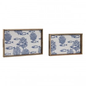 Set di Vassoi Home ESPRIT Azzurro Bianco Naturale Legno di mango 43,5 x 27 x 5,5 cm (2 Unità)