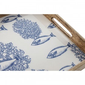 Set di Vassoi Home ESPRIT Azzurro Bianco Naturale Legno di mango 43,5 x 27 x 5,5 cm (2 Unità)