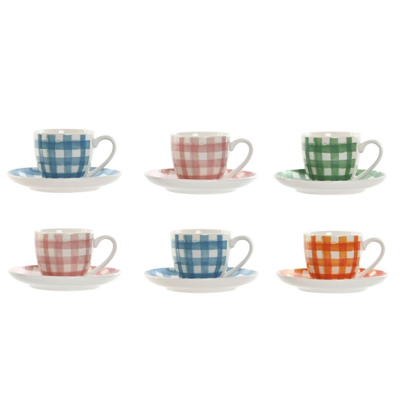 Set di 6 Tazze con Piatto Home ESPRIT Azzurro Bianco Verde Arancio Rosa Porcellana 90 ml
