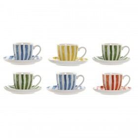 Set di 6 Tazze con Piatto Home ESPRIT Giallo Azzurro Verde Corallo Porcellana 90 ml