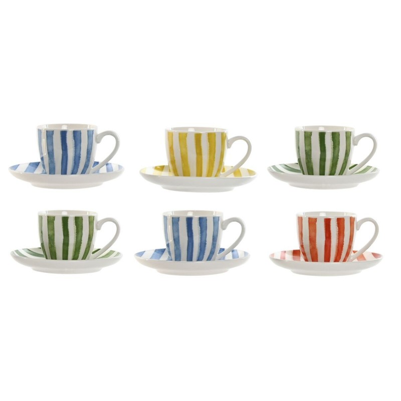 Set di 6 Tazze con Piatto Home ESPRIT Giallo Azzurro Verde Corallo Porcellana 90 ml