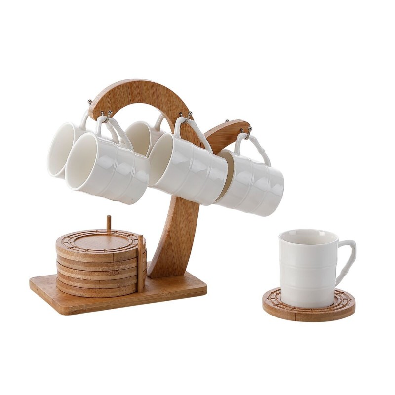 Set di Tazze da Caffè Home ESPRIT Bianco Naturale Bambù Porcellana 90 ml