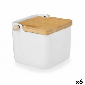 Portasale con Coperchio Kinvara B5001 Bianco Marrone Ceramica Bambù 800 ml 12 x 11 x 12 cm (6 Unità)