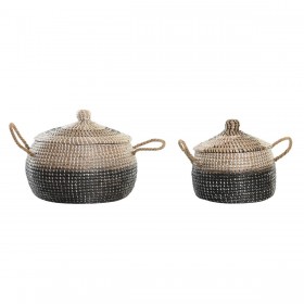 Set di Cestini DKD Home Decor Grigio Naturale Bicolore Erba di mare Boho 41 x 41 x 33 cm (2 Unità)