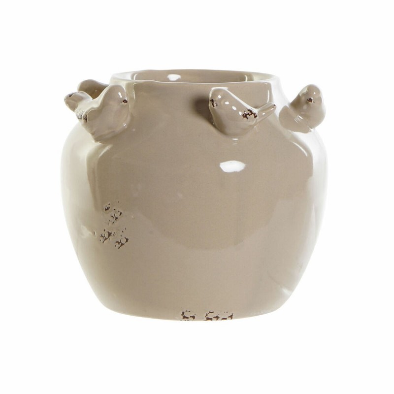 Vaso DKD Home Decor Porcellana Grigio Beige Uccelli Shabby Chic (15 x 15 x 13,5 cm) (2 Unità)