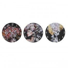 Orologio da Parete DKD Home Decor Nero Multicolore Fiori Moderno Legno MDF (34 x 4 x 34 cm) (3 Unità)