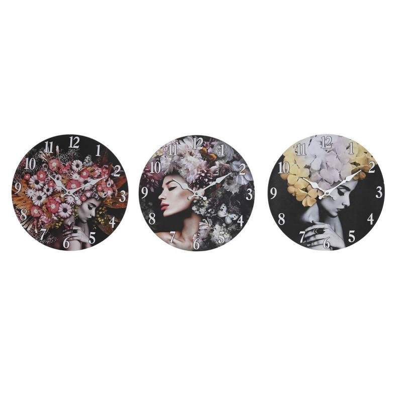 Orologio da Parete DKD Home Decor Nero Multicolore Fiori Moderno Legno MDF (34 x 4 x 34 cm) (3 Unità)