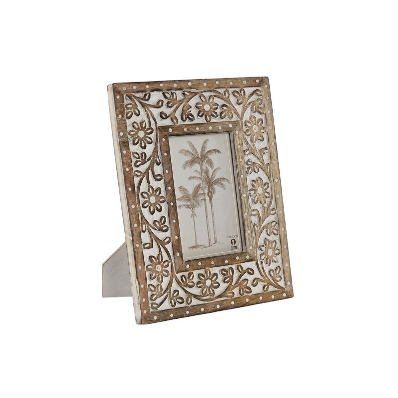 Cornice Portafoto Home ESPRIT Bianco Naturale Cristallo Legno di mango Indiano 21 x 2 x 26,5 cm