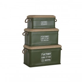 Set di Bauli Home ESPRIT Verde scuro Naturale Metallo Corda Fibra 69 X 37 X 37,5 cm (3 Unità)