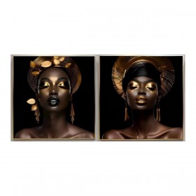 Quadro Home ESPRIT Nero Dorato Africana 80 x 3,5 x 80 cm (2 Unità)