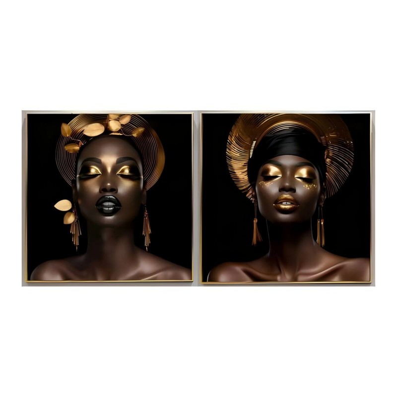 Quadro Home ESPRIT Nero Dorato Africana 80 x 3,5 x 80 cm (2 Unità)