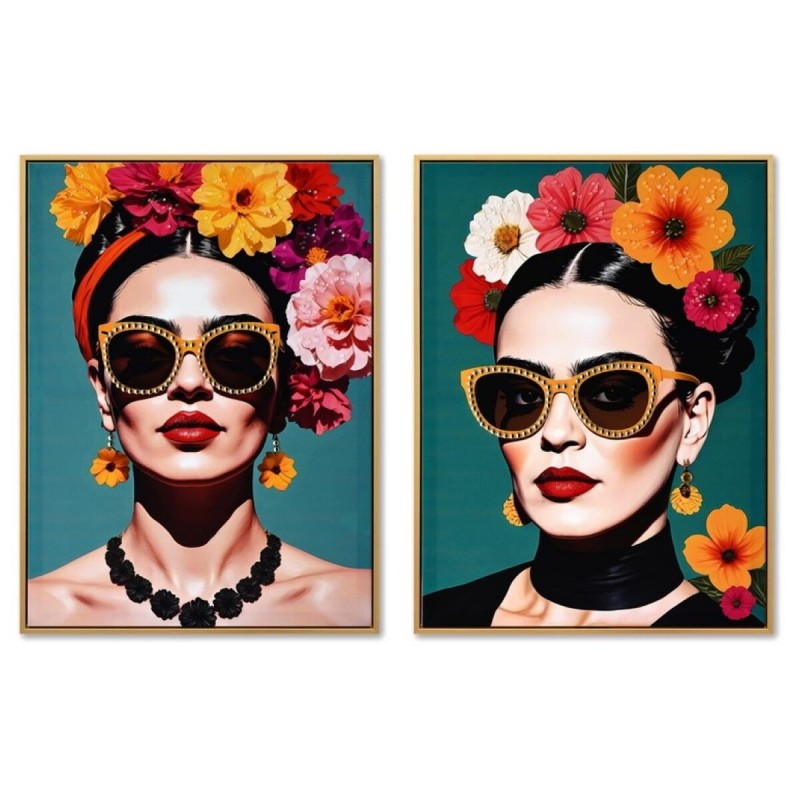 Quadro Home ESPRIT Turchese Fiori Laccato 52,5 x 3 x 72,5 cm (2 Unità)