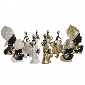 Statua Decorativa Home ESPRIT Bianco Nero Dorato Africana 9,5 x 7,5 x 31 cm (2 Unità)