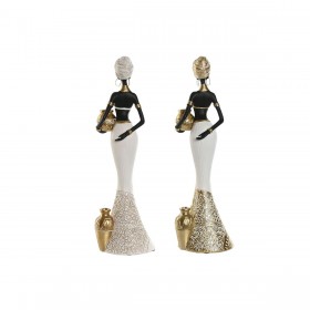 Statua Decorativa Home ESPRIT Bianco Nero Dorato Africana 9,5 x 7,5 x 31 cm (2 Unità)