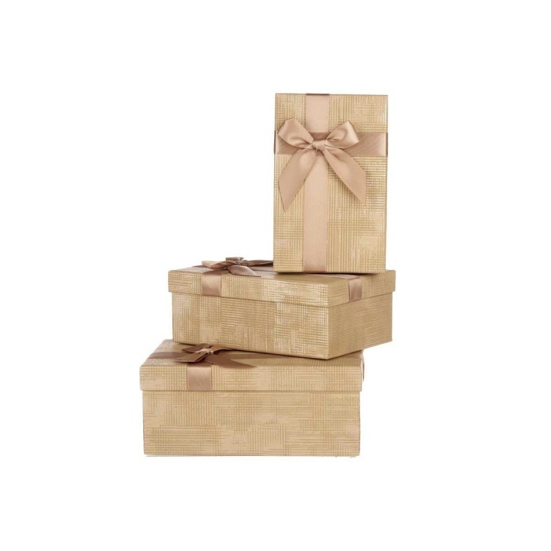Set di Scatole Decorative Pincello 139 Beige Cartone Righe Fiocco 3 Pezzi
