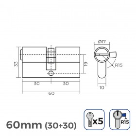 Cilindro di sicurezza EDM 85167 R15 Dorato Ottone Leva lunga 60 x 30 x 17 mm