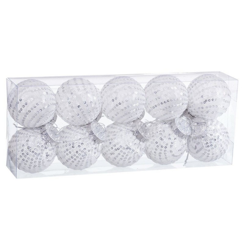Palle di Natale Bianco Argentato Plastica Tessuto Paillettes 6 x 6 x 6 cm (10 Unità)