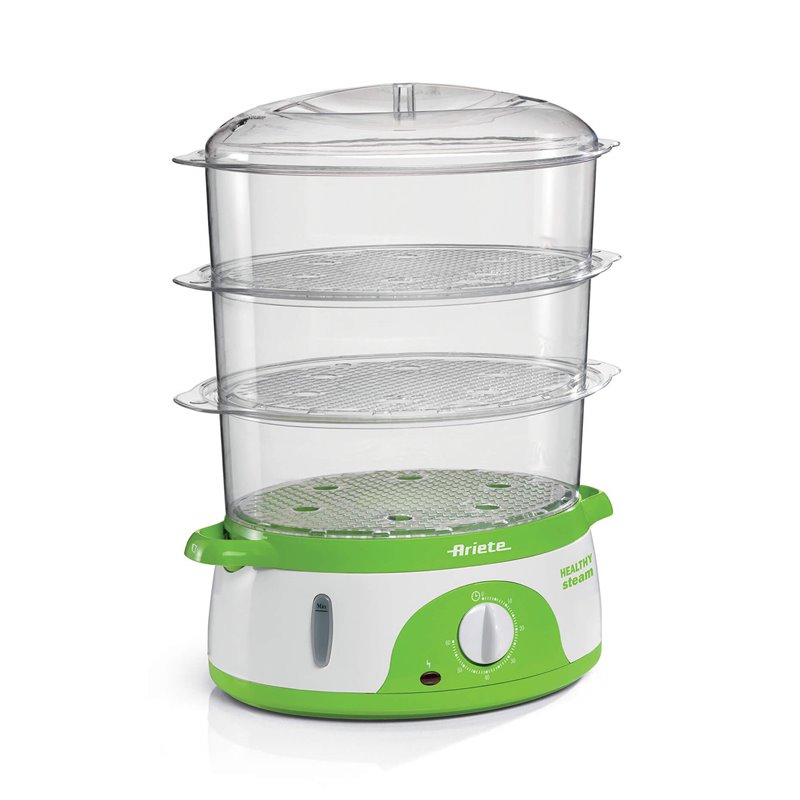 Ariete 911 Healthy Steam - Vaporiera Elettrica - 3 Cestelli - Contenitore per riso - Timer 60? - 800 Watt - 9 Litri - Bianco e V