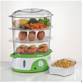 Ariete 911 Healthy Steam - Vaporiera Elettrica - 3 Cestelli - Contenitore per riso - Timer 60? - 800 Watt - 9 Litri - Bianco e V