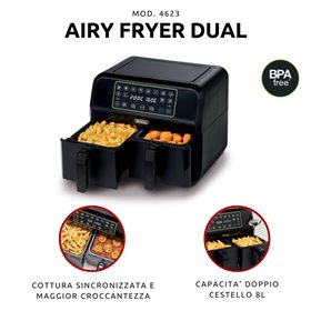 Ariete 4623 Airy Fryer Dual, Friggitrice ad aria con doppio cestello, 1700 W, Capacità 8L, 3 Funzioni di cottura, Pannello digit