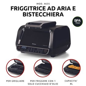 Ariete 4635 Air Fryer Grill, Friggitrice ad aria e Griglia, Bistecchiera,1700W, Capacità 8L, Friggi e Griglia, 8 funzioni di cot