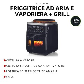 Ariete 4636 Friggitrice ad aria con funzione vapore+ Grill, 1700W, Funzione essiccazione, 10 funzioni di cottura, Cestello trasp