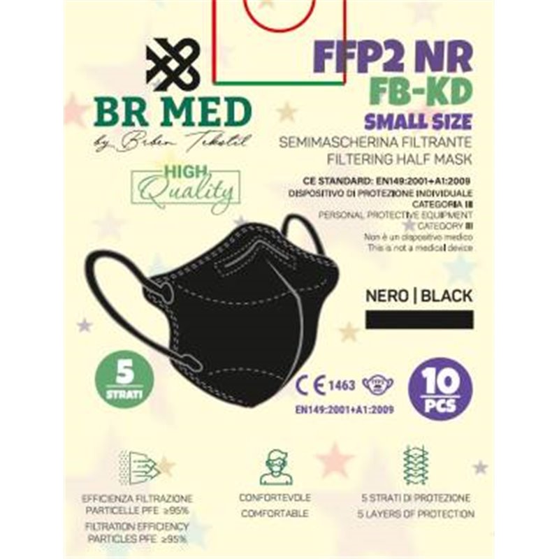 BRMed 1Conf. da 10pz Mascherina FORMATO PIU' PICCOLO Protettiva FFP2 Small Size 5 Strati Nera - BR1MSK-001SSIZE