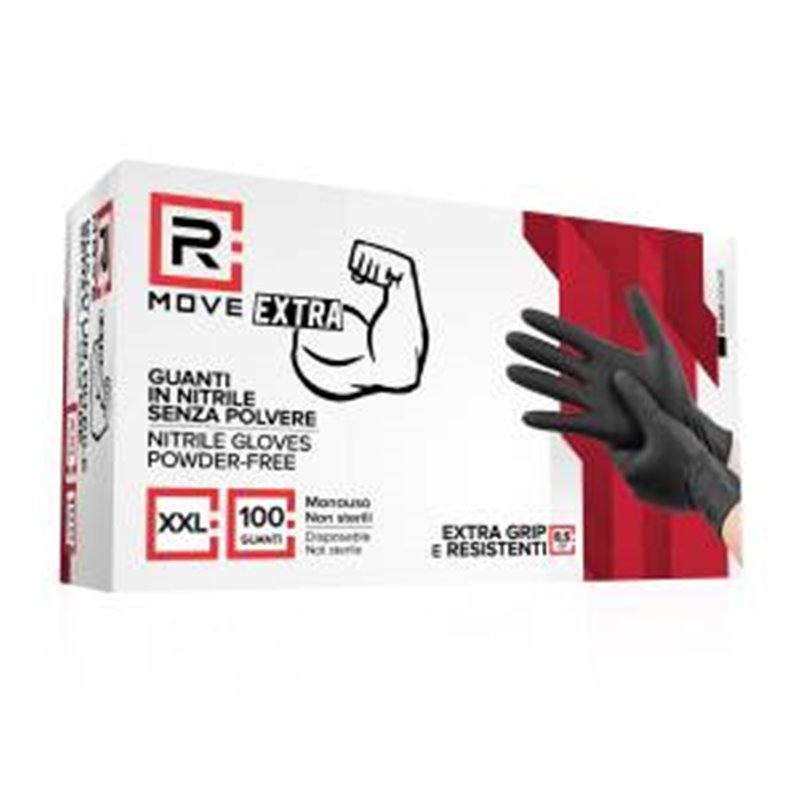 RMove 1Conf. da 100pz Tg.XXL 8.5gr da Lavoro - Guanti Nitrile Nero Senza Polvere Full Grip - RMGLBK100084 RMove 1Conf. da 100pz Tg.XXL 8.5gr da Lavoro - Guanti Nitrile Nero Senza Polvere Full Grip - RMGLBK100084