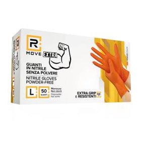 RMove 1Conf. da 50pz Tg.L 8.5gr da Lavoro - Guanti Nitrile Arancione Senza Polvere Full Grip - RMGLOG050082