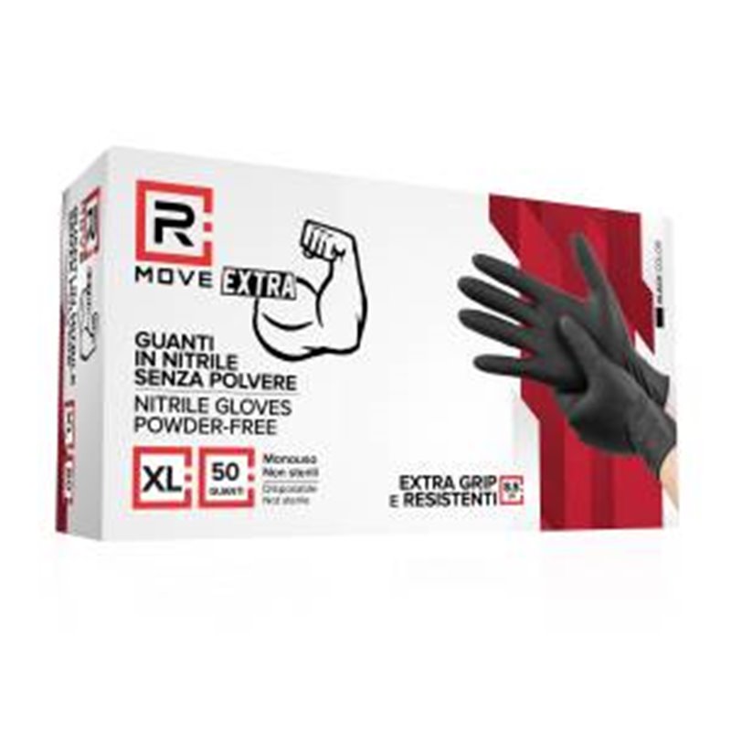 RMove 1Conf. da 50pz Tg.XL 8.5gr da Lavoro - Guanti Nitrile Nero Senza Polvere Full Grip - RMGLBK050083 RMove 1Conf. da 50pz Tg.XL 8.5gr da Lavoro - Guanti Nitrile Nero Senza Polvere Full Grip - RMGLBK050083