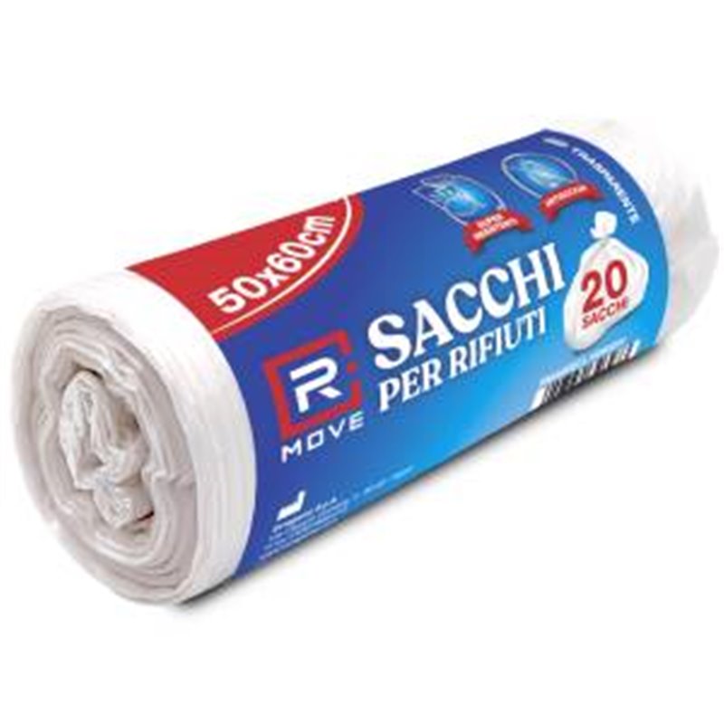 1 Rotolo da 20 Sacchi Rifiuti 50x60cm Trasparenti RMOVE - RMGBPECL15060201