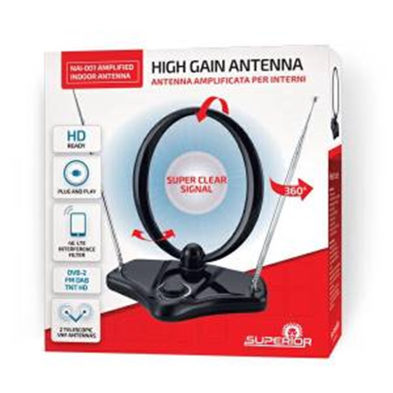 Superior Antenna TV Amplificata per Interni DVB-2 FM DAB TNT HD - SUPNAI001 Superior Antenna TV Amplificata per Interni DVB-2 FM DAB TNT HD - SUPNAI001
