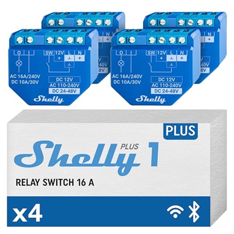 Shelly Plus 1 (4 pack-4 pezzi) - Smart Relay contatto pulito 16A AC/DC WiFi/BT