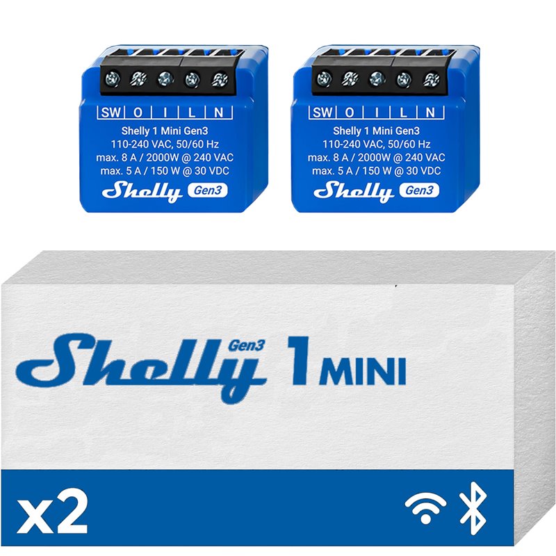 Shelly Mini 1 GEN3 2PACK- Smart Relay contatto pulito 8A AC/DC WiFi/BT/Matter