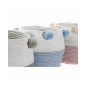 Cestino DKD Home Decor Grigio Blu cielo Rosa chiaro Pompon 30 x 30 x 26 cm Legno (3 Unità) (12 Unità)