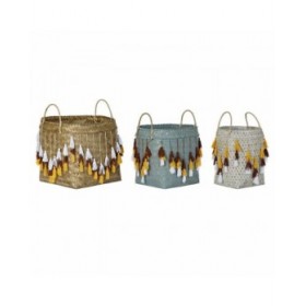 Set di Cestini DKD Home Decor Multicolore Bambù Frange Boho 3 Pezzi
