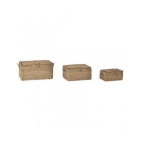 Set di Cestini DKD Home Decor Con coperchio Naturale Ferro Erba di mare (50 x 34 x 25 cm) (3 Pezzi)
