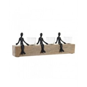 Portacandele DKD Home Decor 43 x 9 x 14 cm Cristallo Naturale Nero Marrone Trasparente Alluminio Legno di mango