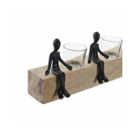 Portacandele DKD Home Decor 43 x 9 x 14 cm Cristallo Naturale Nero Marrone Trasparente Alluminio Legno di mango