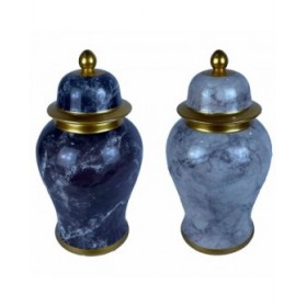 Vaso DKD Home Decor 22 x 22 x 42 cm 22 x 22 x 44 cm Porcellana Azzurro Dorato Marmo Moderno (2 Unità)