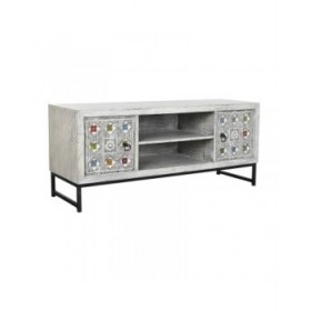 Mobile TV DKD Home Decor Bianco Beige Grigio Multicolore Ceramica Legno di mango 130 x 40 x 56 cm