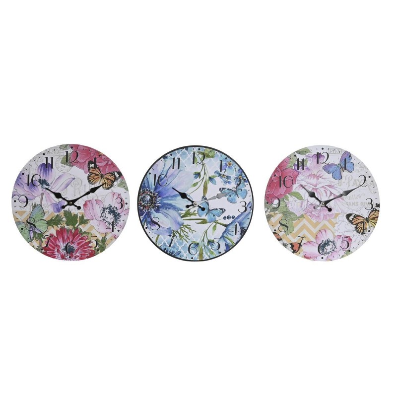 Orologio da Parete DKD Home Decor Multicolore Fiori Legno MDF (34 x 4 x 34 cm) (3 Unità)