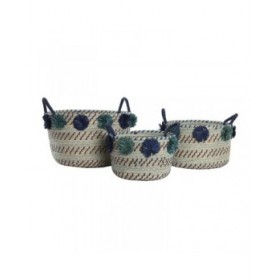 Set di Cestini DKD Home Decor 46 x 44 x 34 cm Pompon polipropilene Erba di mare