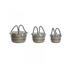 Set di Cestini DKD Home Decor Poliestere Pompon 43 x 43 x 43 cm Erba di mare