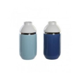 Vaso DKD Home Decor 12,5 x 12,5 x 25 cm Bianco Blu cielo Blu Marino Gres (2 Unità)