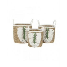 Set di Cestini Home ESPRIT Bianco Verde Naturale Fibra naturale Tropicale 39 x 39 x 47 cm (3 Pezzi)