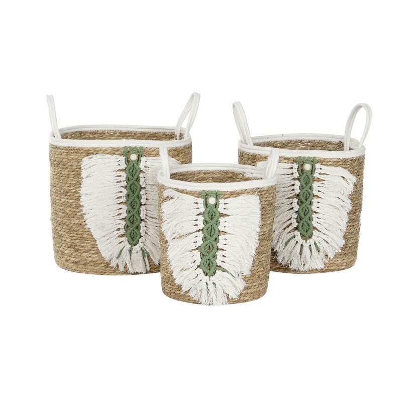 Set di Cestini Home ESPRIT Bianco Verde Naturale Fibra naturale Tropicale 39 x 39 x 47 cm (3 Pezzi)