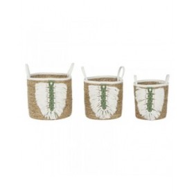 Set di Cestini Home ESPRIT Bianco Verde Naturale Fibra naturale Tropicale 39 x 39 x 47 cm (3 Pezzi)
