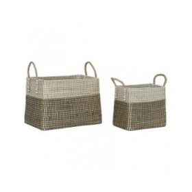 Set di Cestini Home ESPRIT Bianco Nero Naturale Erba di mare Boho 44 x 25 x 38 cm (2 Pezzi)